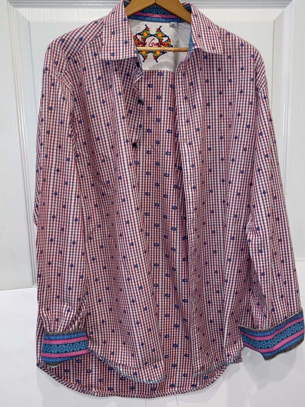 Robert Graham Flip Cuff, Red/Blue Gingham Plaid Button Up Mens Shirt. Sz XL